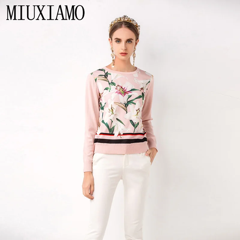 MIUXIMAO/ осень, Новое поступление, Европейская мода, повседневная рубашка с длинными рукавами и круглым вырезом, с цветочным принтом лилии, элегантные топы для женщин
