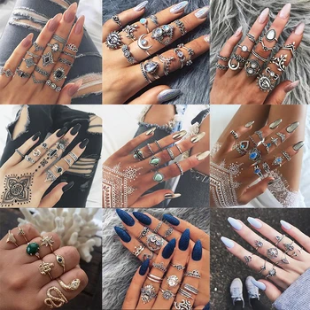 

Retro Turquoises Combination Ring Gems Moon Rhinestone Joint Multi-Pack Carved Lotus Boho Ring Set