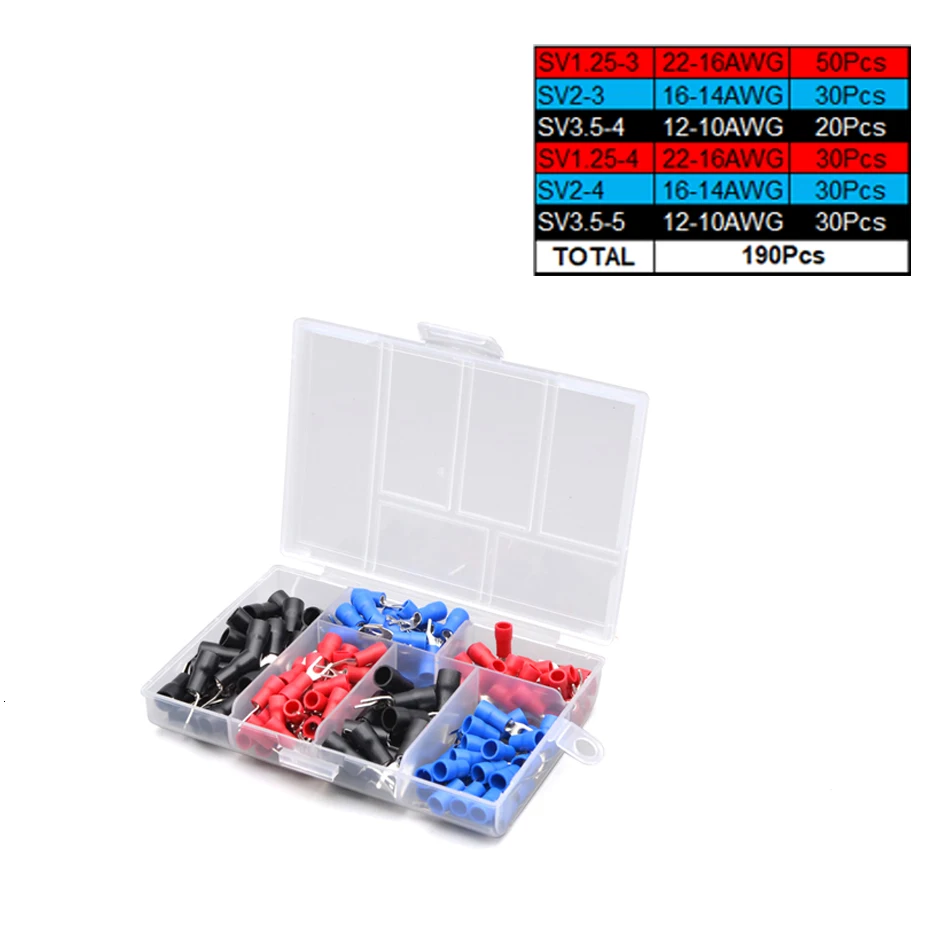 190pcs 6 different Crimp Terminal Ring connector kit set Wire brass Crimp Terminal Insulated 22-16AWG 16-14AWG 12-10AWG
