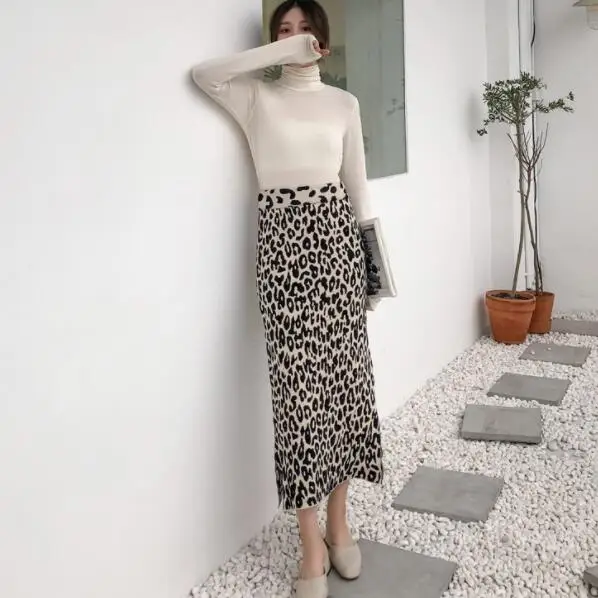 2019 юбка миди с принтом животных Женская высокая талия Сторона Сплит Мягкая