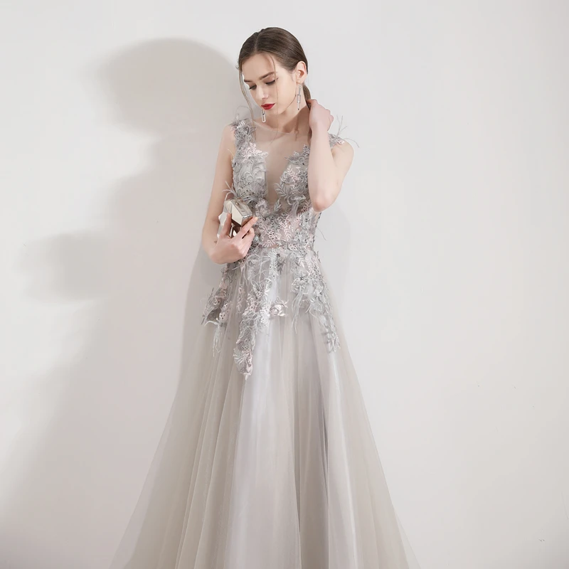 SSYFashion новая Банкетная элегантный серый вечернее платье с кружевом и вышивкой перья блёстки длинное платье для вечеринки, официального приема Vestidos De Noche