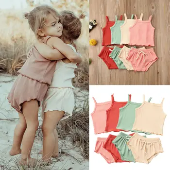 

UK 2020 Solid Color Toddler Kid Baby Girl Summer Sling Tops Shirt Short Pants Outfit Set Clothes 0-18 months