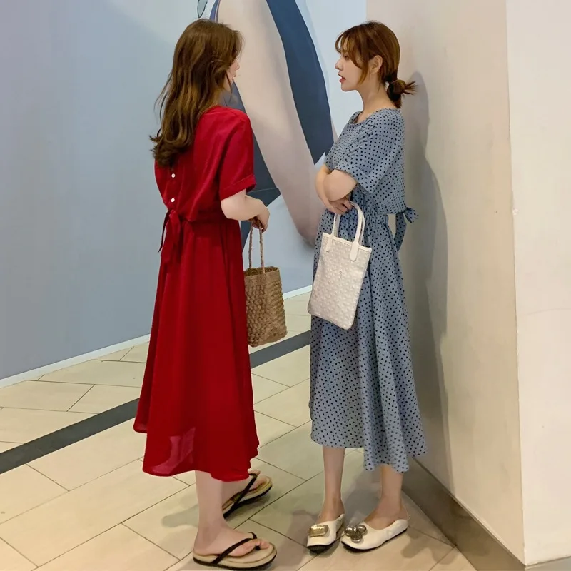 

Photo Shoot INS Platycodon Grandiflorum GIRL'S First Love Skirt Three-Color Polka Dot Crew Neck Waist Hugging behind Charade Ban