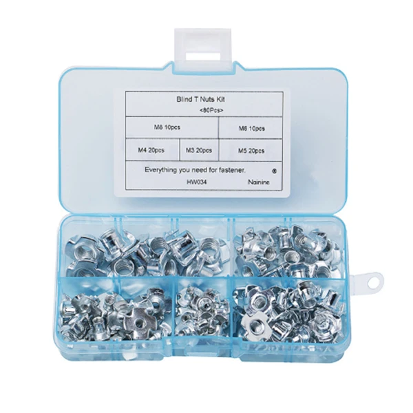 New 80 Pcs/set M3 M4 M5 M6 M8 Zinc Plated Four Claws Nut Speaker Nut T-nut Blind Pronged Tee Nut Furniture Assortment Kit