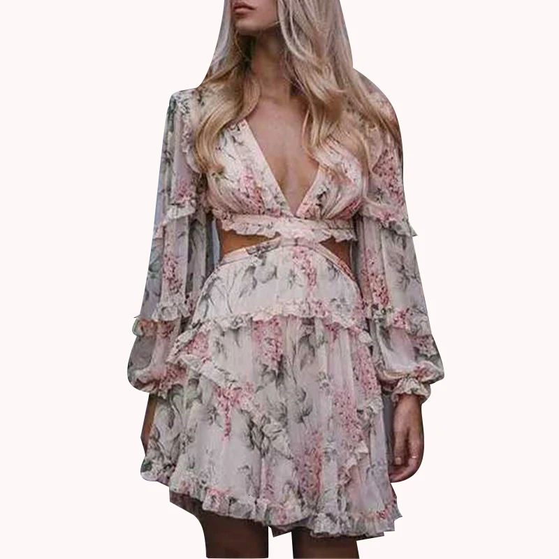 TWOTWINSTYLE, бохо, цветочное, с рюшами, розовое, Бандажное, сексуальное, Пляжное Платье,, летняя одежда для женщин, с длинным рукавом, в Корейском стиле, элегантное, богемное