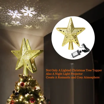 

3D Hollow Star Christmas Tree Topper Lighted Sparkling Star with Rotating Snow Flake Projector Christmas Trees Xmas Ornament