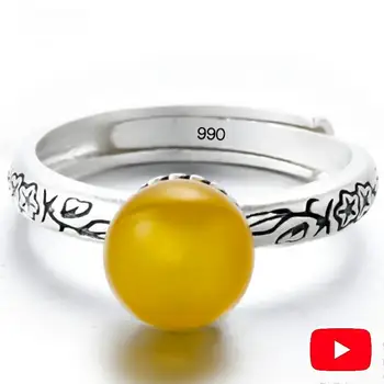 

Gemstone S990 Fine Israel Ring Sterling All Silver handicraft health rich flower pattern Round Yellow Amber Algate 925