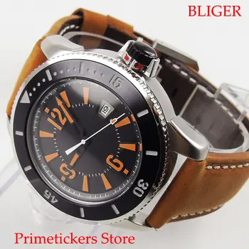 

Orange marks BLIGER 43mm date leather strap automatic movement men's watch black dial silver color case