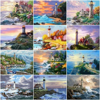 

HUACAN Coloring By Numbers Lighthouse Landscape Paint Canvas Picture Oil Painting Sea HandPainted Home Decoration