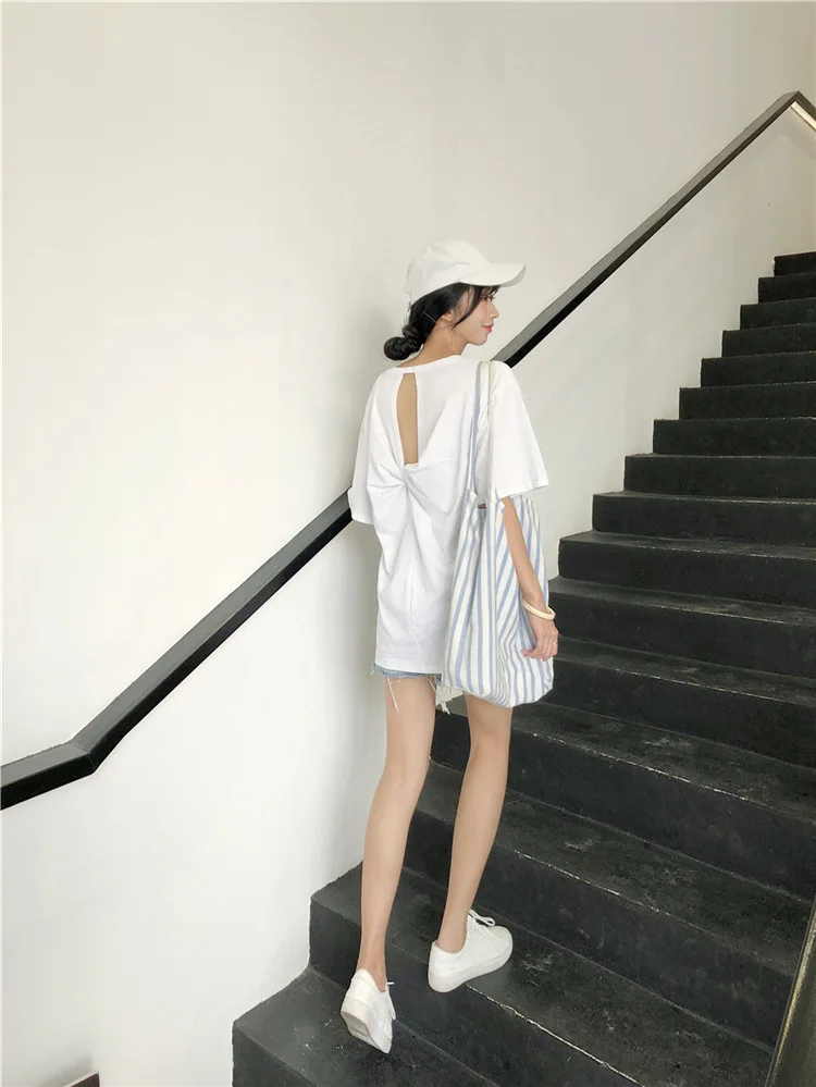 Лето повседневные женские футболки Ulzzang уличная мультяшная футболка с открытой спиной Топы Harajuku короткий рукав Футболка