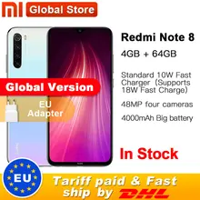 Xiaomi Redmi Note 8 с глобальной версией, 64 ГБ, 4 Гб, восьмиядерный смартфон Snapdragon 665, 6,3 дюйма, 48мп, четырехъядерный, задняя камера, мобильный телефон