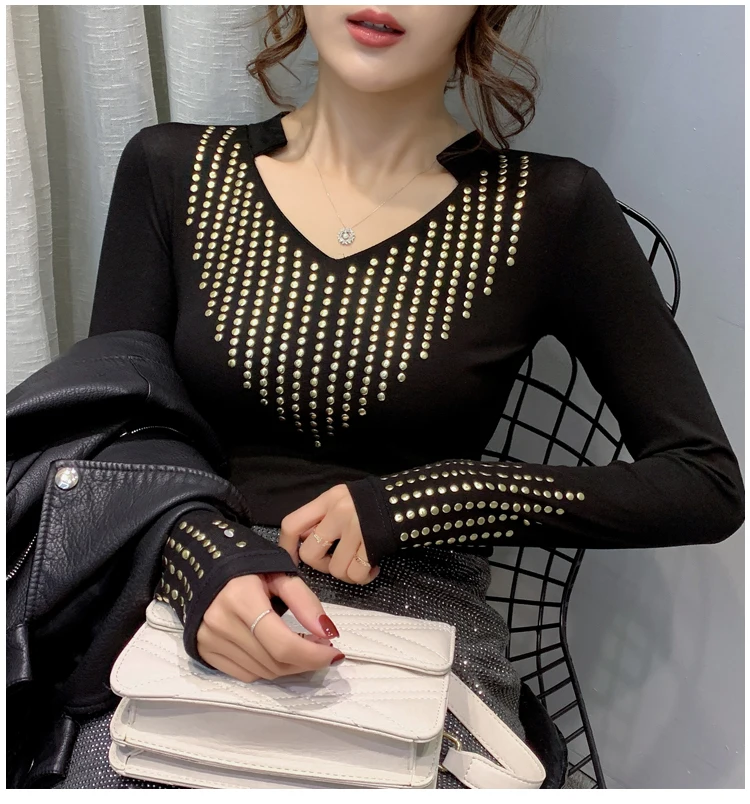 Poleras mujer de moda осень и зима новая бархатная плотная футболка с длинным рукавом Женские топы модная футболка с v-образным вырезом