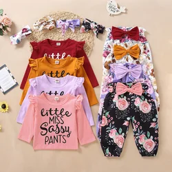 Ensemble de vêtements d'automne pour bébés filles, manches longues, à volants, hauts solides + pantalon à nœud papillon Floral, vêtements pour enfants 