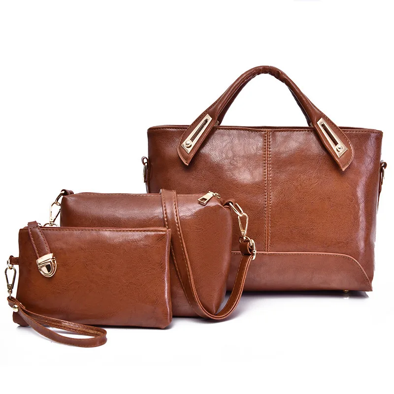 

2019 New Style Europe And America Fashion Women's Different Size Bags Three-piece Set Handbag Oil Wax Leather Women's Bag Crossb
