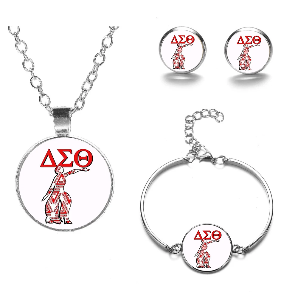 SONGDA греческий, Греция колледж Ювелирные наборы Delta Sigma Theta, организация символ Стекло Цепочки и ожерелья браслет серьги комплект ювелирных изделий - Окраска металла: Style 3