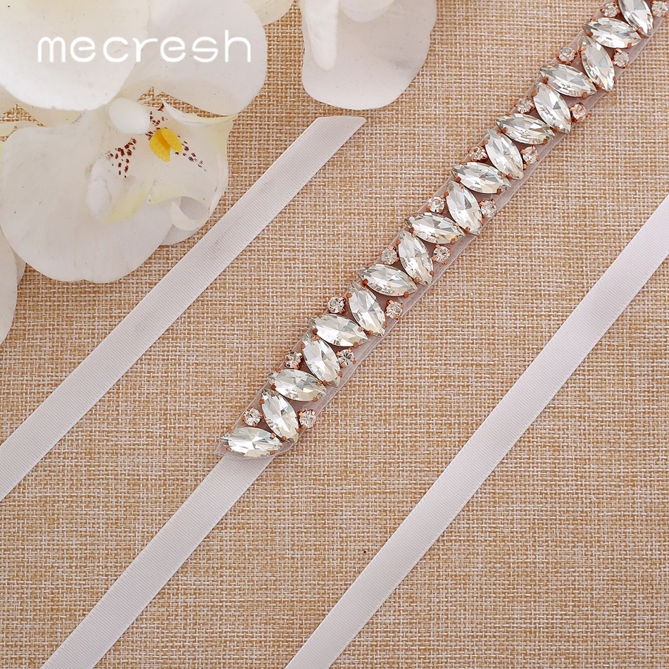 Mecresh Rose Gold Wedding Dress Belt Rhinestone Belt Bridal Accessories Women Crystal Flower Ivory Pink Belt Sash 270CM MYD035