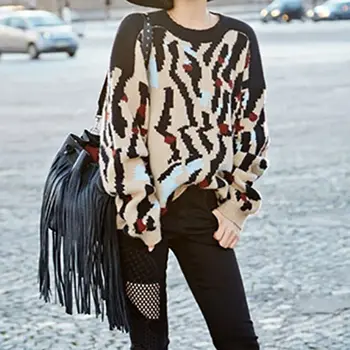 

Women Long Sleeve Fashion Sweaters Patchwork Leopard Print Bandage Sweater Loose Tops