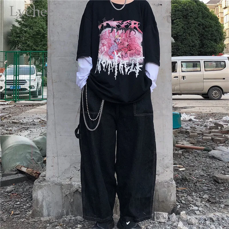Lychee Harajuku/женская футболка с принтом персонажей из мультфильма, топ, футболка, поддельные Женские футболки из 2 частей, топы, футболки, лоскутные женские футболки с круглым вырезом