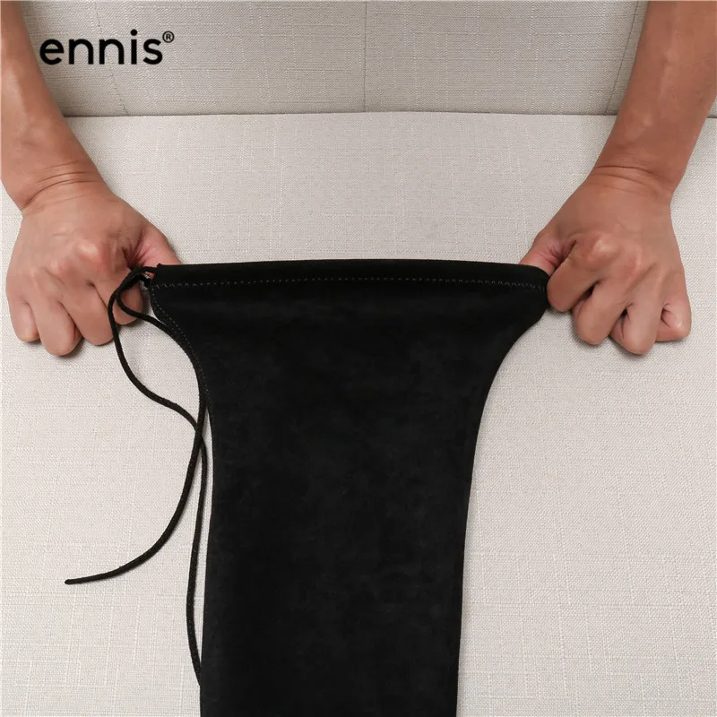ENNIS/брендовые сапоги на платформе; женские Сапоги выше колена; растягивающиеся зимние сапоги; женская черная обувь из флока на молнии со шнуровкой; модная обувь; L929