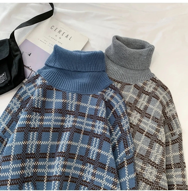 Winter Turtleneck Sweater Men's Warm Fashion Casual Retro Knit Pullover Men Streetwear Plaid Sweater Male Sweter Clothes