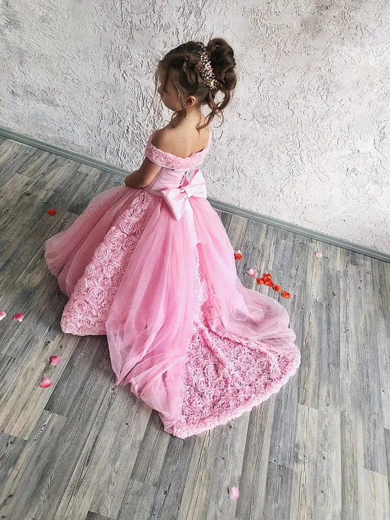Rosa tule vestido da menina da flor