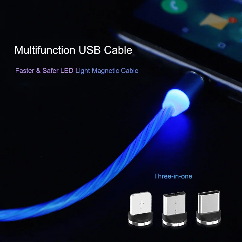 Магнитный светодиодный кабель для быстрой зарядки Micro USB Type-C iPhone 7 8 Plus XS Max Samsung A10 A20