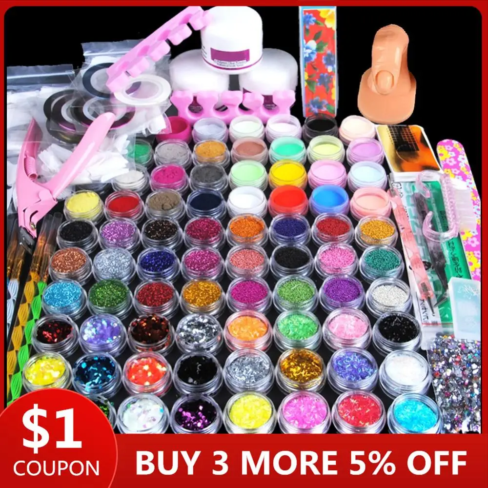 Online 78pcs Nail Acrylic Powder Glitter Manicure Set For Nail Art Kit Gems Decoration Crystal Rhinestone Brush Tools Kit For Manicure