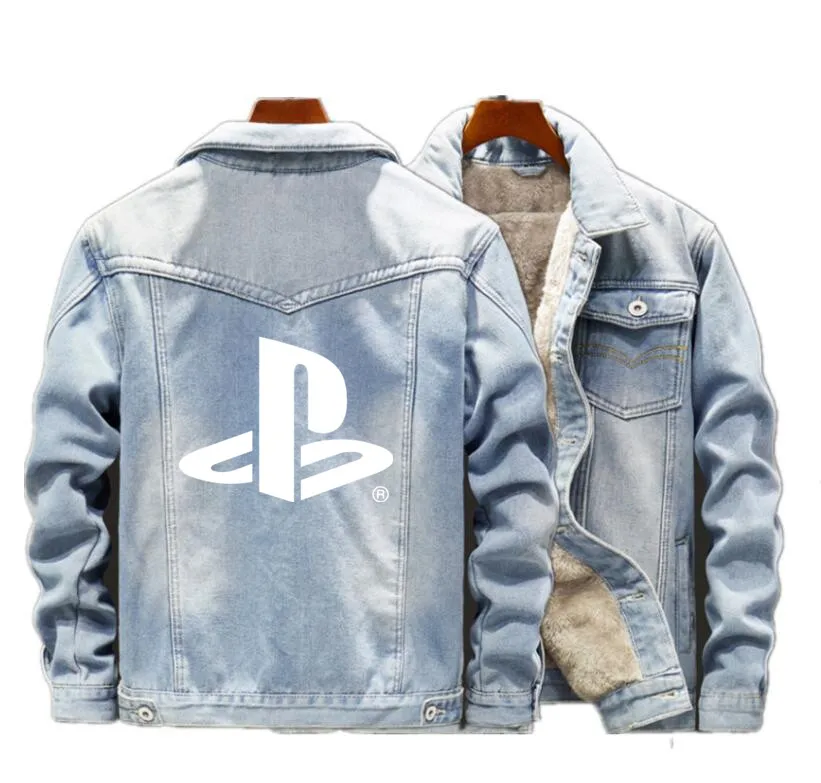 A Зимняя мужская теплая флисовая джинсовая куртка для Playstation, модная мужская джинсовая Повседневная куртка-бомбер в стиле хип-хоп, ретро, уличная одежда - Цвет: A