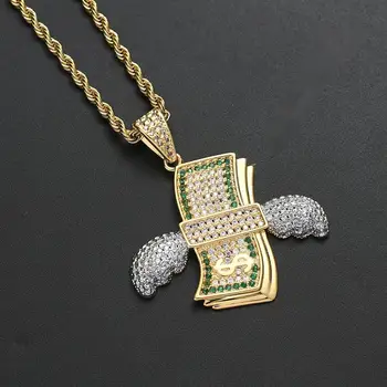 

Hip Hop AAA CZ Stone Paved Bling Ice Out Flying Dollars Money Pendants Necklace for Men Rapper Jewelry Gold Color