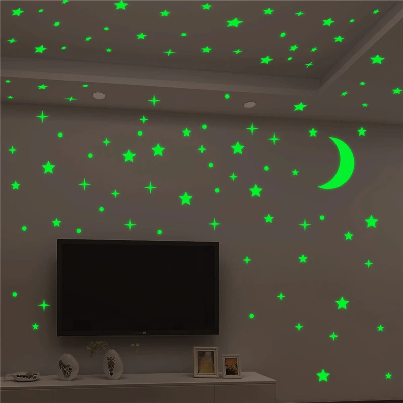 Stars Moon Glow In The Dark Luminous On Wall Stickers Bedroom Home Decor Green Fluorescent Vinyl Wall Decals Wallpaper