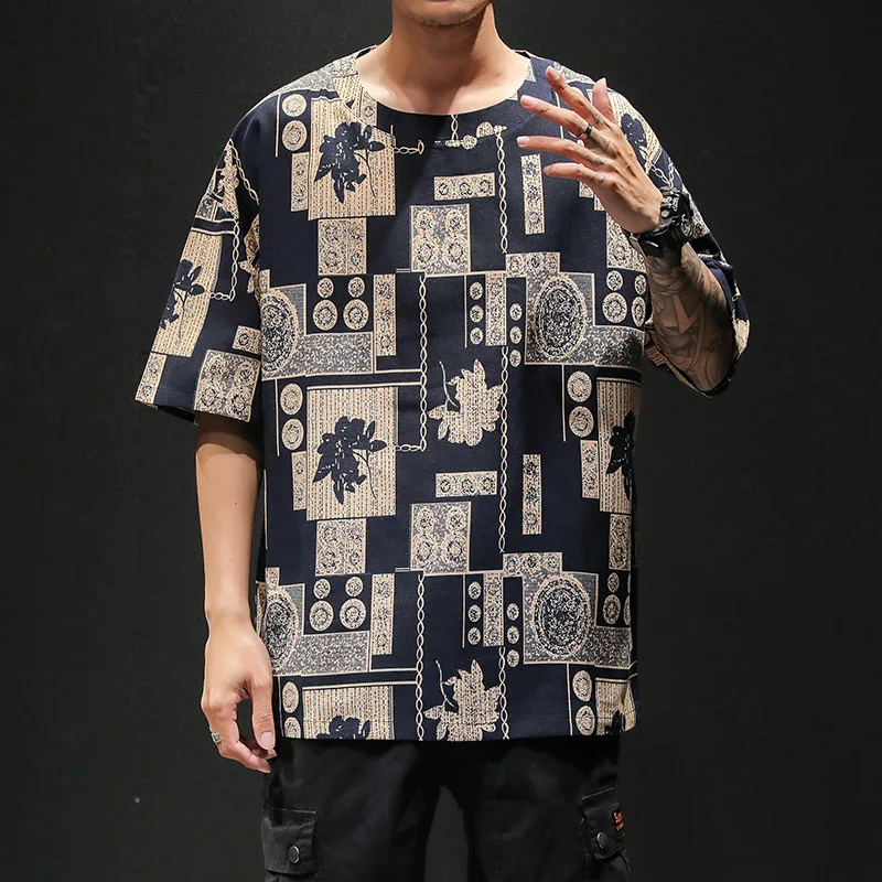 

2019 Summer Japanese-style Ethnic-Style Men Floral Short Sleeve T-shirt Loose And Plus-sized Thin Casual Youth Base Shirt
