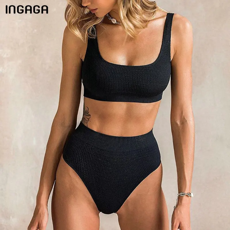 INGAGA High Waist Bikini Mujer Sexy Push Up Swimwear Women Solid Vest Swimsuit Female Black Biquini New Sports Swim Suit