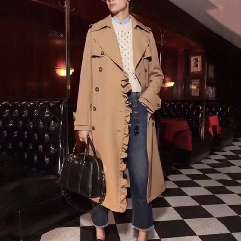 Повседневный Тренч с оборками, Женское пальто с воротником с лацканами и длинным рукавом, Женская ветровка с высокой талией
