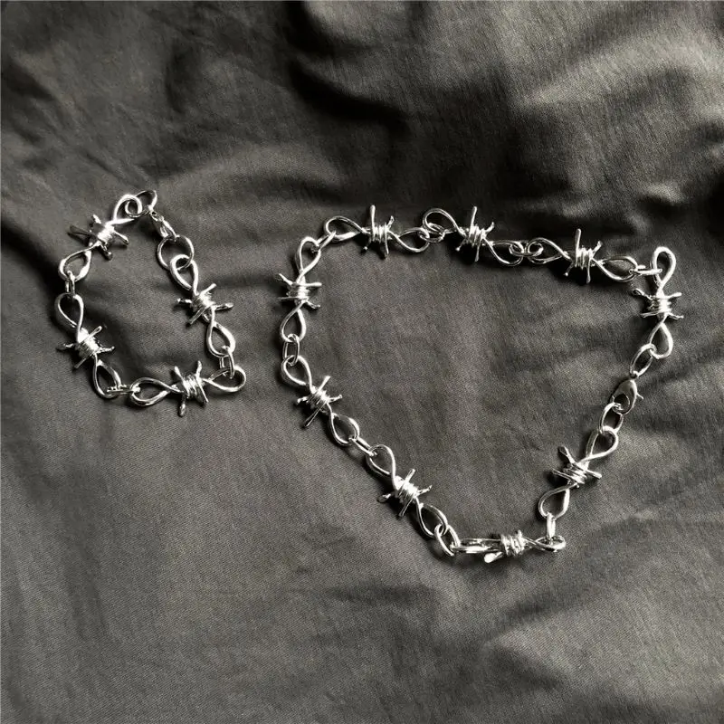 

1 Set Men's Punk Gothic Alloy Barbed Wire Brambles Necklace Bracelet Jewelry Set