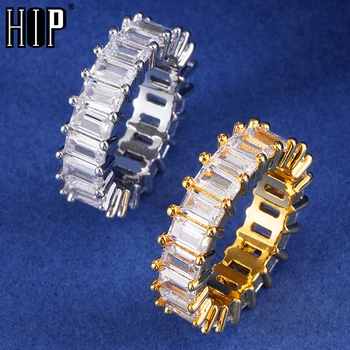 

Hip Hop 1Row Square Iced Out Bling Cubic Zircon Charm Baguette Round Ring Men's CZ For Men Jewelry Size 8-11