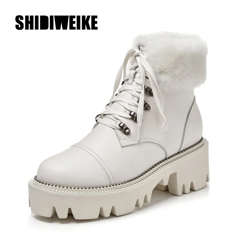 

2019 new arrivals Big Size 40 Genuine Cow Leather Platform Ankle Boots Woman Shoes Lace Up Warm Winter Boots Female J1010