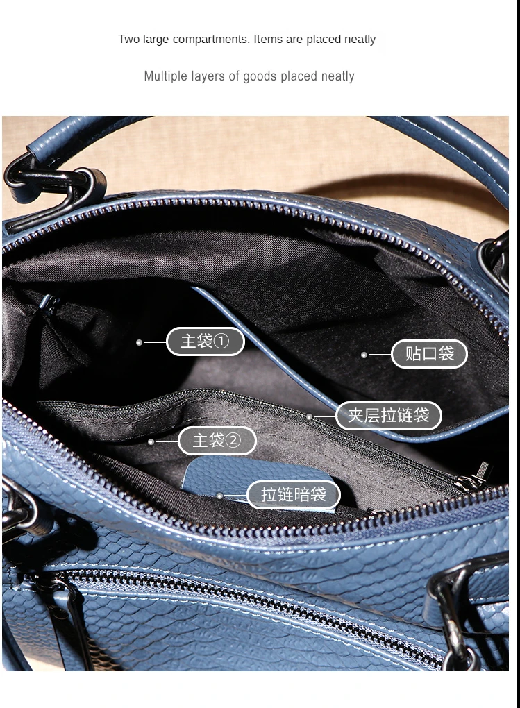 2021 Blue Designer Crocodile Pattern Cow Leather Women's Handbag Elegant All-match Female Shoulder Bag with Wide Strap Tote