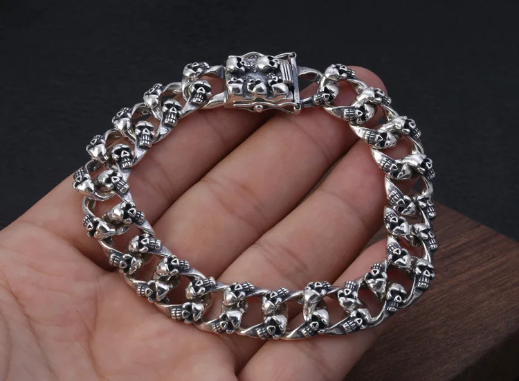 12 мм Широкий 925 пробы серебро Для мужчин череп браслет Ювелирное Украшение 21 см/50 г A3999