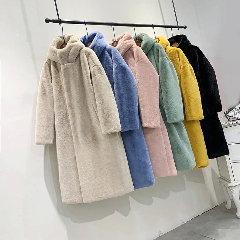 High Quality Women Mid Long Imitation Rabbit Fur Jacket Thick Warm Outerwear Parka Girl's Loose Faux Mink Fur Teddy Hooded Coats