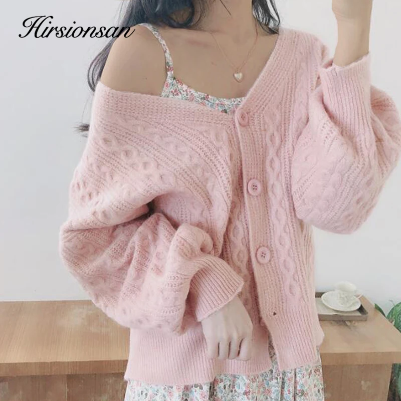 Pink Hirsionsan свитер женский осенне-зимний вязаный кардиган Женская растягивающаяся одежда милые Ins повседневные корейские свободные теплые женские топы - Цвет: Pink