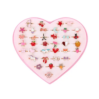 

10Pcs Mixed Style Anti Allergic Cute Animal Heart Star Bow Crystal Ring Adjustable Set Colorful Pearl Resin Alloy Ring For Child
