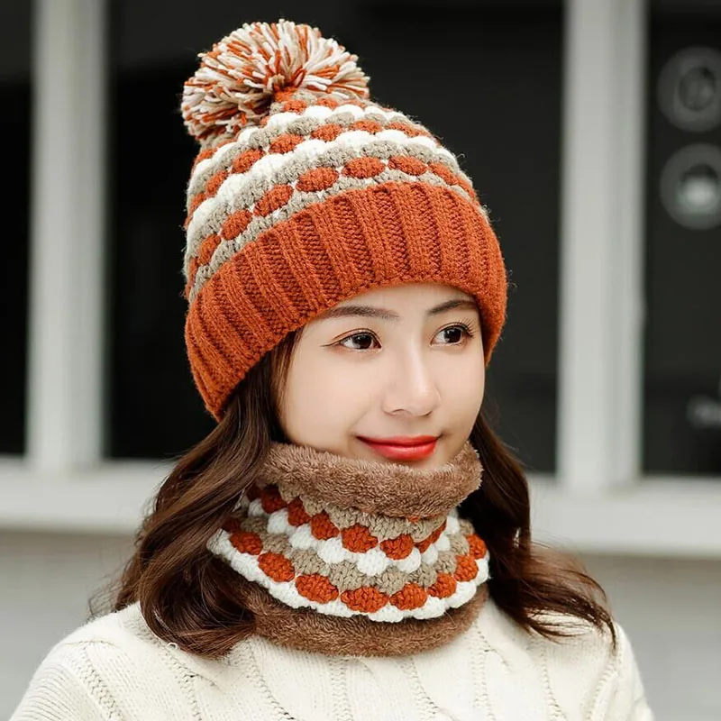 Hat scarf caramel Новая вязаная зимняя шапка, шарф, набор, женские толстые хлопковые шапки-бини и шарф с кольцом, женские вязаные зимние аксессуары, подарок для девочек - Цвет: Hat scarf caramel