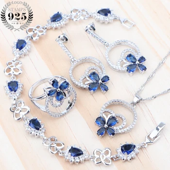 

Women Costume Bridal Zirconia Jewelry Sets 925 Silver Bracelets/Necklace/Pendant/Stud Earrings/Rings Wedding Sets Blue Stones