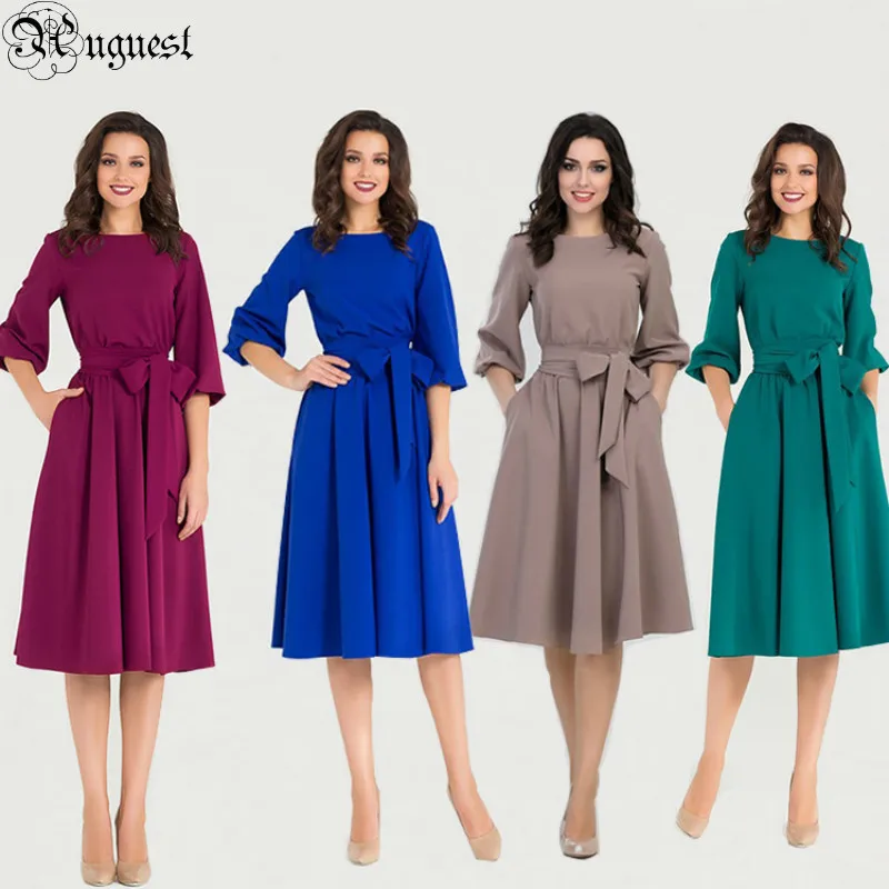 

Uguest Women Fall Office Lady Dress Sashes Pleated A-line Round Neck Wrist Sleeve Spring Long Plus Size Party Casual Dress