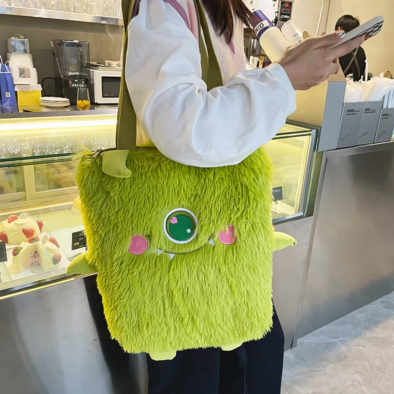 Women new Japanese cute funny plush handbag personality embroidery little monster plush girl student shoulder bag female bag