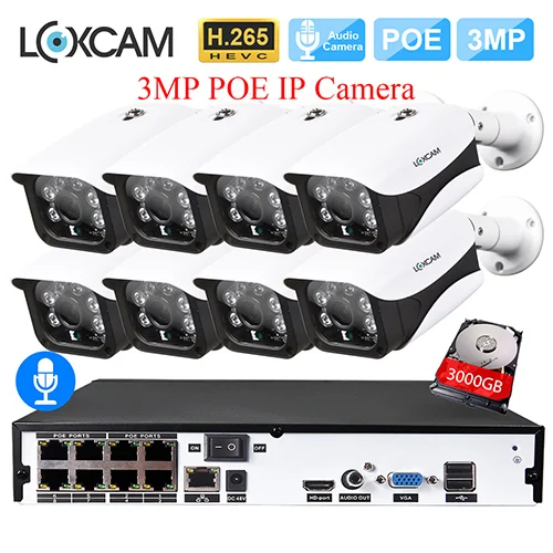 LOXCAM H.265+ 8CH POE CCTV NVR система 48 В 3MP наружная Безопасность Аудио ночное видение IP камера POE Onvif HD комплект видеонаблюдения - Цвет: 8CH NVR x 8 Cameras