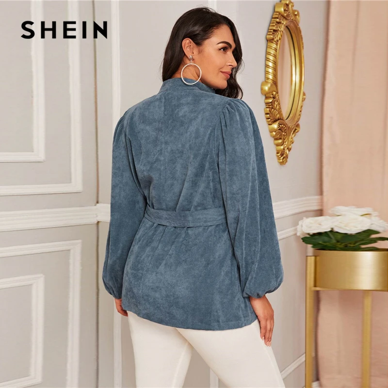 awesome  SHEIN Plus Size Blue Corduroy Lantern Sleeve Belted Coat Women Autumn Stand Collar Casual Plus Soli