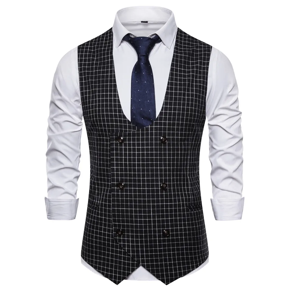 Brand Suit Vest Men Fashion Plaid Business Causal Vest Waistcoat Men Slim Double Breasted Sleeveless Vests Chaleco Hombre