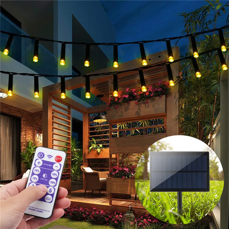 Solar Panel LED String Light with Remote Dimmable Outdoor Garden Christmas Fairy Tale Holiday Lighting Decora