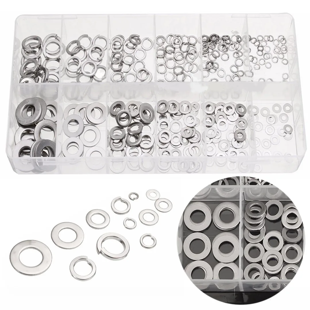 

350pcs 12 Sizes Flat Washers Stainless Steel Flat & Spring Lock Washers Assortment Kit + Box